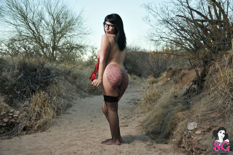 Пошлая брюнетка позирует в засушливой местности 7 фотография